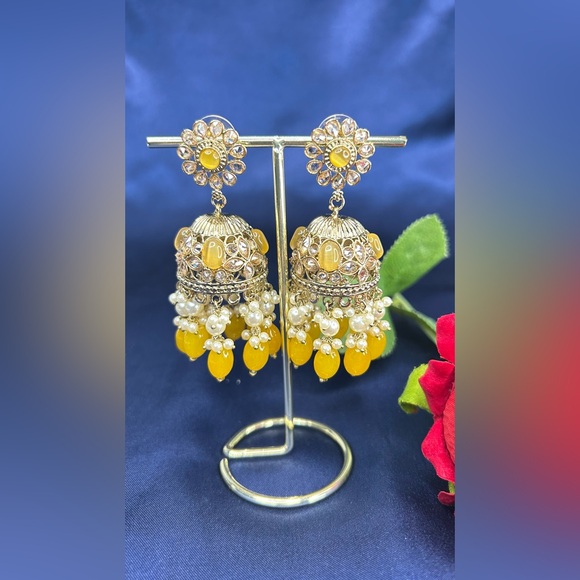 Beautiful Mustard Gold Duluxe Reverse Ad Jhumkas - Picture 3 of 7